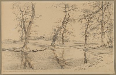 Um ribeiro perto de uma quinta em Usserød com vacas e duas figuras de Johan Thomas Lundbye