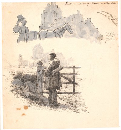O tempo da noite. F.o. estudo do agricultor na igreja. Ilustração para "Fábulas para Crianças" de Kaalund. Veja o comentário do catálogo de folhas. de Johan Thomas Lundbye