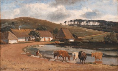 Vacas sendo regadas em uma lagoa da vila. Brofelde, Zelândia de Johan Thomas Lundbye