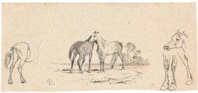 Os dois cavalos; e estudo de cavalos de Johan Thomas Lundbye