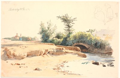 Leito de rio parcialmente seco com ponte, no topo dois estudos de caneta de uma garota vista por trás de Johan Thomas Lundbye