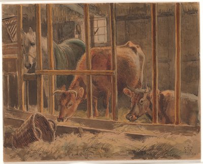 O interior de um estábulo com um cavalo branco e duas vacas de Johan Thomas Lundbye