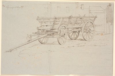 Um vagão de colheita com uma galinha cacarejando no poste do vagão de Johan Thomas Lundbye