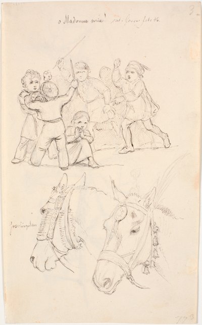 Uma garotinha no meio de um grupo de meninos que estão brigando, abaixo das cabeças de dois cavalos de Johan Thomas Lundbye