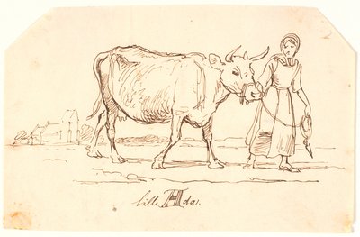 Uma garota puxando uma vaca em uma paisagem com uma igreja. "Pequena Ada" de Johan Thomas Lundbye