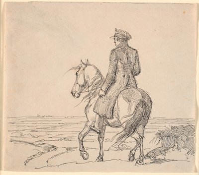 Um cavaleiro visto obliquamente por trás cavalgando em direção a vasta paisagem de Johan Thomas Lundbye