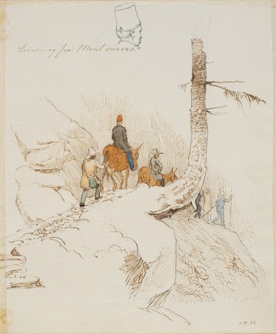 Viajantes a pé e a cavalo num caminho de montanha sobre uma pequena cabeça masculina vista de costas de Johan Thomas Lundbye