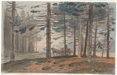 Floresta de abetos com estrada, na qual corre uma carruagem puxada por cavalos com carga de lenha. Ao fundo uma clareira na floresta de Johan Thomas Lundbye