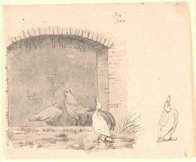 As galinhas e os patos. º. estudo de um pato curtindo a chuva de Johan Thomas Lundbye