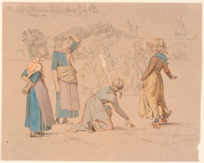 Em primeiro plano algumas meninas pulando o paraíso. Ao fundo alguns meninos brincando de soldado e um inválido olhando de Johan Thomas Lundbye