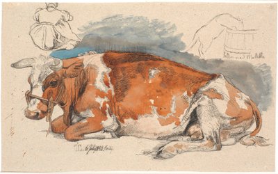 Vaca deitada. No topo, à esquerda, uma camponesa sentada, t.h. um gato bebendo de um dente de leão de Johan Thomas Lundbye