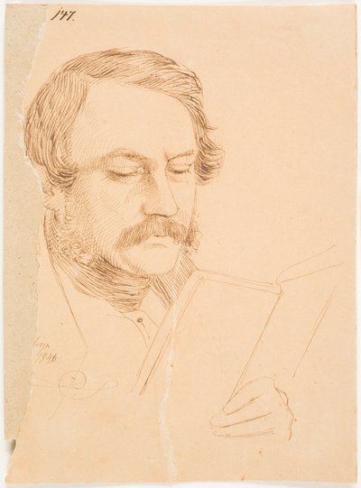 Retrato de homem, de frente, ligeiramente voltado para a direita, a ler. de Johan Thomas Lundbye