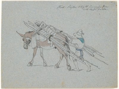 Mulas carregadas de troncos finos e seguidas pelo motorista de Johan Thomas Lundbye