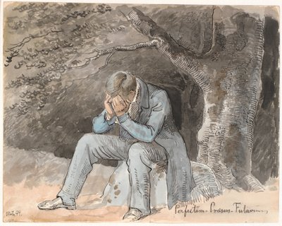 "Perfectum - Presente - Futuro". Jovem sentado debaixo de uma árvore em uma pedra com as mãos no rosto de Johan Thomas Lundbye