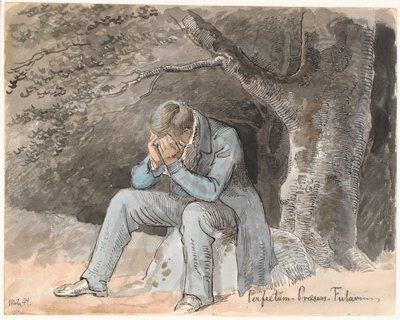 "Perfectum - Presente - Futuro". Jovem sentado debaixo de uma árvore em uma pedra com as mãos no rosto de Johan Thomas Lundbye