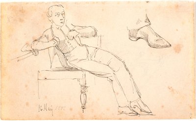 Folha de sketchbook com jovem sentado e estudo de um sapato de Johan Thomas Lundbye