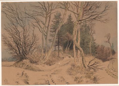 Estradas cobertas de neve entre abetos e árvores nuas de Johan Thomas Lundbye