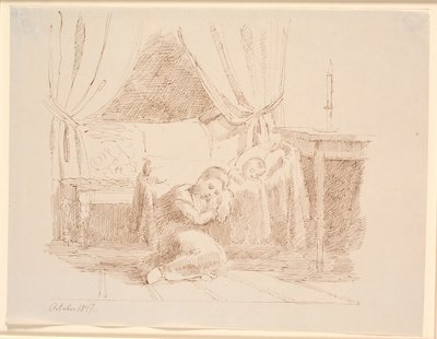 Interior do quarto com uma menina sentada no chão a dormir, encostada a um berço com uma criança a dormir de Johan Thomas Lundbye