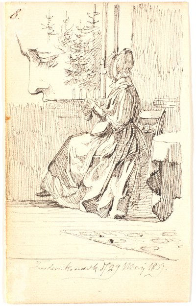 Senhora a tricotar (mãe de Lundbye?) junto a uma janela com vista para abetos, e estudo de perfil de Johan Thomas Lundbye