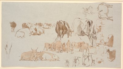 Revista Estudo. Estudos de vacas, no centro a carroça de ordenha com três meninas e um leiteiro de Johan Thomas Lundbye
