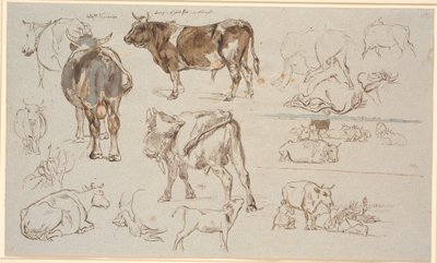 Revista de estudo da Vognserup. Estudos de vacas, touros e bezerros. º. dois estudos de paisagem, o superior com vacas deitadas, o inferior com uma cena de ordenha de Johan Thomas Lundbye