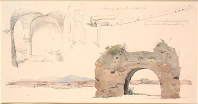 Revista de estudo da Campanha Romana, Itália. Abaixo, estudo em aquarela de um arco de um aqueduto romano com vista para montanhas baixas. F.o. estudo de espaço aberto com abóbadas planas, no meio uma mulher italiana carregando um grande pacote na cabeça,  de Johan Thomas Lundbye
