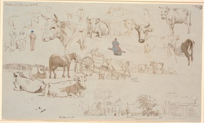 Folha de estudo da sala de ordenha em Vognserup. Acima especialmente estudos de vacas, no meio i.a. o vagão de ordenha e na parte inferior do edifício principal Vognserup e mais de Johan Thomas Lundbye