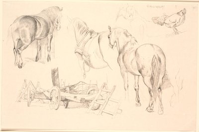 Folha de estudo com cavalos, implementos de campo e uma galinha no quadril de Johan Thomas Lundbye
