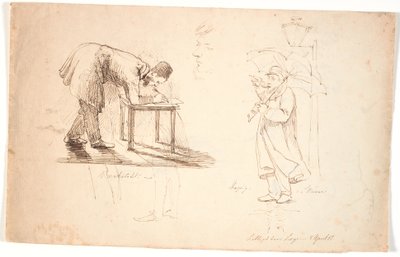 Studieblad, t.v. o próprio artista é visto, curvado, desenhando em um banquinho ou em uma mesinha. Desenhado acima de dois estudos de um oficial e um cavalheiro vestido. Ao centro, cabeça de estudo, autorretrato. º. o artista fica com um guarda-chuva na ru de Johan Thomas Lundbye