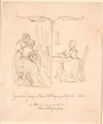 Imagem dupla com duas senhoras a ler cartas à esquerda, uma senhora a escrever cartas à direita de Johan Thomas Lundbye
