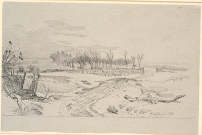 Paisagem de inverno com uma estrada que atravessa os campos através de um link em uma cerca de pedra de Johan Thomas Lundbye