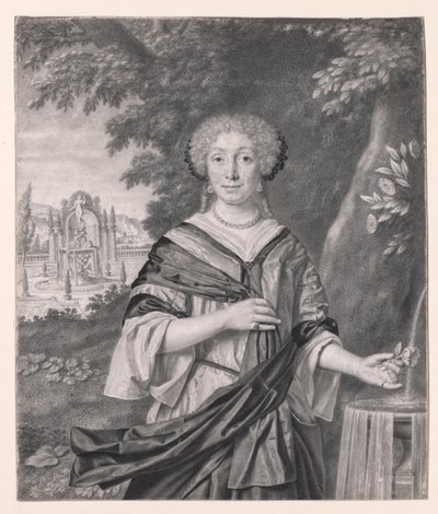 Retrato de uma mulher perto de uma fonte, uma rosa na mão de Johan Thopas