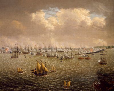 Batalha de Skargard entre as frotas sueca e russa por causa do domínio da Suécia sobre a Finlândia, 10 de julho de 1790, por Johan Tietrich Schoultz (1754-1807), guerras russo-suecas de Johan Tietrich Schoultz