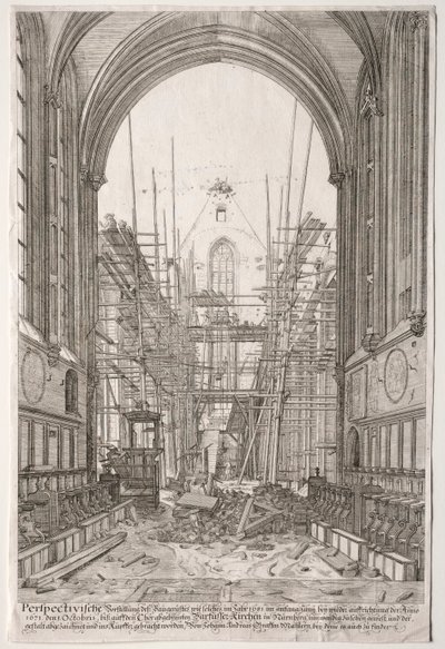 LArt Ancien Zurich: Vista na Igreja dos Franciscanos, Barfüsser-Kirke, 1681. de Johan Ulrich Krauss