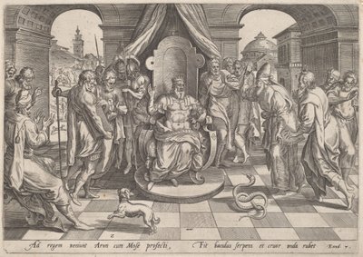 Moisés e Arão perante o Faraó de Johan Wierix, after Maarten van Cleef