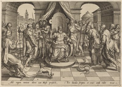 Moisés e Arão perante o Faraó de Johan Wierix, after Maarten van Cleef