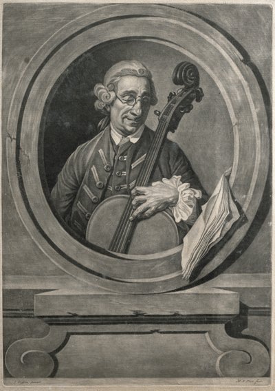 Jacob Cervetto, gravado por MA Picot, c.1770 (gravura) de Johann (after) Zoffany