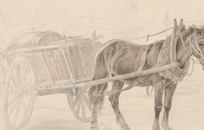 Uma carroça puxada por um cavalo marrom perto de um poste de luz, Verso: Um grupo de oficiais montados, ca. 1815. de Johann Adam Klein