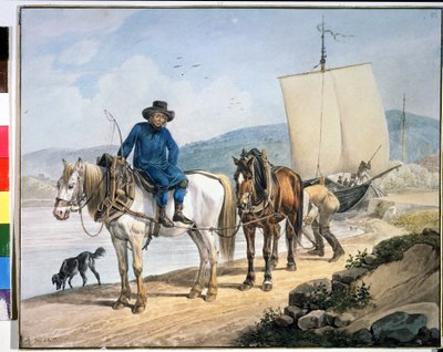 "Um cavalo e uma carroça no rio". Cavalos ao longo de um rio a rebocar um barco ou utilizados para descarregar mercadorias num caminho de reboque". Pintura de Johann Adam Klein (1792-1875) de Johann Adam Klein