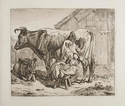 Vaca com bezerro a ser ordenhada de Johann Adam Klein