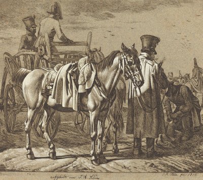 Cavalo com soldados fumando cachimbo/cena militar de Johann Adam Klein