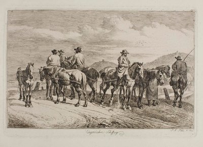 Cavalos e cavaleiros húngaros prontos para puxar um barco contra a corrente de Johann Adam Klein