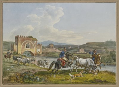 Campagnoli romanos, a cavalo, capturam um touro com a ajuda de cães de Johann Adam Klein