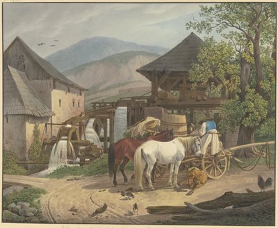 Moinho de corte e moagem no vale de Stickelberg, perto de Wiener Neustadt, na fronteira húngara de Johann Adam Klein