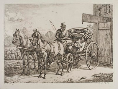 Dois cavalos atrelados a uma carruagem de luxo de Johann Adam Klein