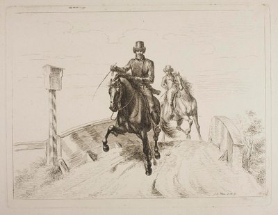 Dois cavaleiros a galope numa ponte de Johann Adam Klein