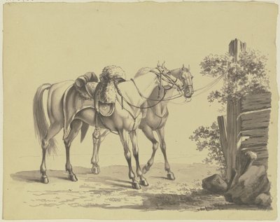 Dois cavalos militares selados, amarrados a um poste de Johann Adam Klein