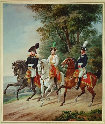 Os três monarcas a cavalo: O Imperador Francisco I, o Czar Alexandre I, o Rei Friedrich Wilhelm III de Johann Adam & Mansfeld Johann Georg (1764 1817) Klein