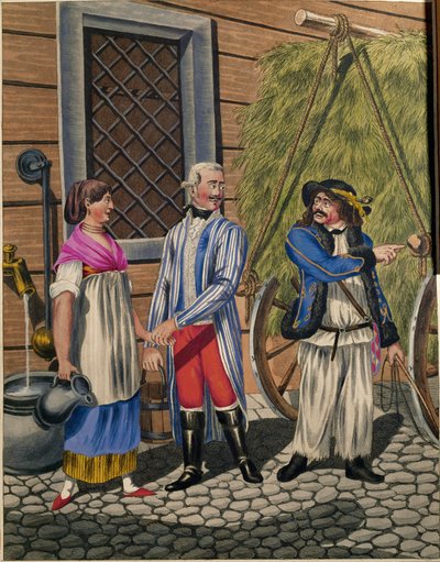 Cocheiro de um cavalheiro, criada e vendedor de feno, de uma série de Tipos Vienenses ... de Johann Adolph Opitz