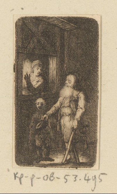 Velho mendigo aleijado com menino e mulher na frente da janela de Johann Andreas Benjamin Nothnagel